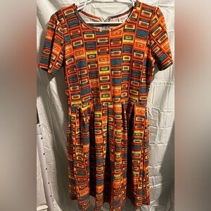Lularoe Amelia dress. Rare cassette tape pattern, peach background